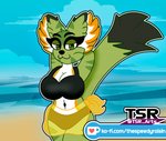 anthro beach big_breasts bikini breasts cleavage clothed clothing dipstick_tail female half-closed_eyes markings multicolored_tail narrowed_eyes navel seaside solo swimwear tail tail_markings two-piece_swimsuit thespeedyraisin freedom_planet galaxytrail carol_tea felid feline felis mammal wildcat