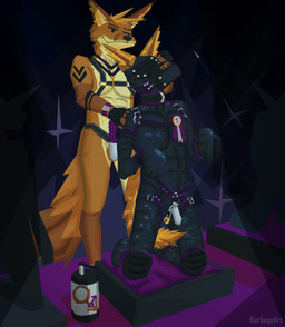 1st_place abs anthro arm_tattoo arrow_tattoo athletic athletic_anthro athletic_dom athletic_sub award award_ribbon balls bdsm begging begging_pose black_harness black_latex blindfold blonde_hair brown_body brown_fur camera_flash chastity_cage chastity_device clock clothing collar contest crowd cuff_(restraint) dominant dominant_male duo fingerless_gloves full_body_suit fur gender_symbol genitals gimp_suit gloves good_boy group hair hand_on_shoulder handwear harness harness_only jewelry key key_necklace knee_pads kneeling latex latex_clothing latex_gloves latex_handwear latex_skinsuit light_from_above lock lube male male/male male/male_symbol male_symbol metal_chastity_cage mittens muzzle_(object) necklace orange_body orange_fur padlock pillow plinth pose posture_collar purple_harness purple_pillow restraints sensory_deprivation_hood sexuality_symbol shoulder_tattoo skinsuit square_markings standing_behind strapon strapon_over_chastity submissive submissive_male symbol tattoo tight_clothing watch yellow_body yellow_fur garbage_art fancy_dawg vitold_(garbage_art) canid canine canis domestic_dog fox mammal absurd_res cel_shading digital_media_(artwork) hi_res krita_(artwork) shaded story story_in_description