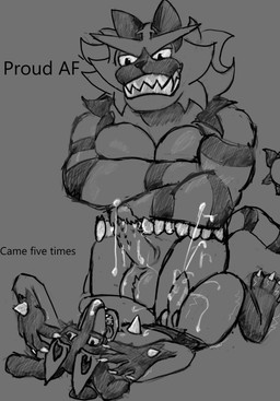 after_sex anal_orgasm animal_genitalia animal_penis anthro balls bodily_fluids canine_genitalia canine_penis chest_spike cum cum_on_penis cum_on_self dripping duo ejaculation erection fur genital_fluids genitals hands-free humanoid_genitalia humanoid_penis knot male male/male muscular muscular_anthro muscular_male open_mouth orgasm penile_spines penis spikes spikes_(anatomy) teeth text cinder_bh nintendo pokemon canid canine canis domestic_dog generation_4_pokemon generation_7_pokemon incineroar lucario mammal pokemon_(species) absurd_res digital_media_(artwork) english_text hi_res monochrome