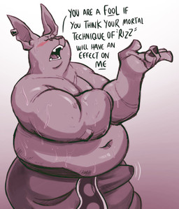 anthro belly biceps blush bodily_fluids bottomwear bulge clothed clothing erection erection_under_clothing male navel overweight pants precum_stain solo sweat text topless topless_anthro topless_male tsundere pozole dragon_ball dragon_ball_super champa alien domestic_cat felid feline felis mammal english_text hi_res