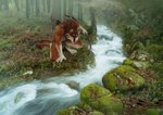 anthro brown_body brown_fur day detailed_background forest fur grass male moss outside plant river sky solo tree kero_tzuki canid canine canis mammal wolf 2021 digital_media_(artwork) hi_res