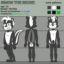 anthro balls black_body butt color_swatch countershade_face countershade_torso countershading erection feet genitals green_eyes iris looking_at_viewer male male_anthro markings mohawk nude nude_male penile penis pronouns pubes pupils skunk_tail smile solo stated_age stated_bisexuality stated_pronouns stated_sexuality striped_head striped_markings striped_tail stripes tail tail_markings text supersonicparty18 sega sonic_the_hedgehog_(series) fan_character simon_(supersonicparty18) mammal mephitid skunk 1:1 character_name english_text hi_res model_sheet species_name
