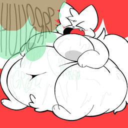 anthro belly big_belly blush bodily_fluids burp_cloud burping eyes_closed huge_belly hyper hyper_belly male moobs navel solo sweat callmecringe boy_kisser_(meme) silly_cat_(mauzymice) domestic_cat felid feline felis mammal 1:1 meme