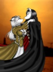 anthro cloak clothing dancing dress duo female fur gentleman hug male midflare sunset white_body white_fur arturo_juarez arden gravewalker_(character) canid canine canis mammal wolf hi_res