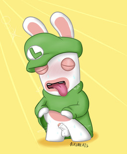 balls blush bodily_fluids breath buckteeth clothed clothing clothing_lift erection eyes_closed fur genital_fluids genitals green_clothing green_shirt green_topwear light long_ears male mitten_hands multicolored_body musk no_eyebrows noseless open_mouth panting partially_clothed_anthro partially_clothed_male penis pink_tongue precum shirt shirt_lift simple_background solo sparkles standing sweat sweaty_body sweaty_legs tan_body tan_eyelids tan_inner_ear tan_skin teeth text tongue tongue_out topwear two_tone_body white_balls white_body white_fur white_penis yellow_background nikumeats mario_bros mario_plus_rabbids_kingdom_battle nintendo raving_rabbids rayman_(series) ubisoft rabbid_luigi lagomorph mammal rabbid 2021 artist_name colored crossover digital_drawing_(artwork) digital_media_(artwork) english_description lighting shaded