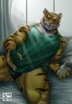 anthro biped blush bottomless clothed clothing erection erection_under_clothing fur genitals looking_at_viewer lying male muscular muscular_anthro muscular_male penis shirt solo tank_top topwear window bomb_(artist) felid mammal pantherine tiger 2016