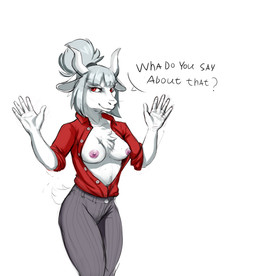 anthro breasts female nipples simple_background solo text chilldog helltaker goat_lucifer_(helltaker) bovid caprine goat mammal english_text