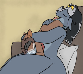 2_horns adult_on_young age_difference anthro black_hair blindfold bodily_fluids brown_body brown_ears brown_fur brown_wings butt cum cum_in_mouth cum_inside duo ejaculation eyes_closed face_fucking fangs forced forced_oral fur furniture genital_fluids genitals grey_body grey_ears grey_hair grey_horn grey_nose grey_scales grey_tail hair hand_on_head head_grab horn horn_jewelry horn_ring humanoid_genitalia humanoid_penis inside irrumatio jewelry male male/male membrane_(anatomy) membranous_wings multicolored_body multicolored_hair multicolored_scales necklace on_sofa oral orgasm penile penis penis_in_mouth pillow ring_(jewelry) scales sex sharp_teeth side_view sitting sitting_on_sofa size_difference sofa tail teeth tongue tongue_out two_tone_body two_tone_hair two_tone_scales upside_down wings young young_anthro young_male younger_male lightningb0lt01 mythology rune_(runederg) bat dragon mammal mythological_creature mythological_scalie scalie 2025 absurd_res digital_media_(artwork) hi_res signature