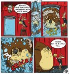 2016 absurd_res antlers belly big_belly black_border bloated body_expansion border comic curtains curtains_open dialogue english_text glass glass_cracking hi_res horn huge_belly inflation jackalope ladder lagomorph liquid_inflation lunchables mammal mark_wetzel monotreme official_art onomatopoeia platypus sound_effects speech_bubble text water water_inflation