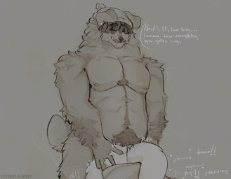 accessories_only anal anal_penetration anthro arm_hair arm_tuft ass_up bandage bandage_on_face beanie begging_for_more bodily_fluids body_hair braces butt clothing dreadlocks duo ear_piercing facial_hair floppy_ears fluffy goatee happy_trail hat headgear headwear heart_symbol holding_butt male male/male markings moan moaning_name mole_(marking) musclegut muscular mustache nipples nub_tail pecs penetration piercing plap pubes ring_(jewelry) romantic romantic_couple romantic_sex shoulder_tuft snaggle_tooth stubble sweat talking_to_another talking_to_partner text tuft cerberussenn louie_sweeto_(cerberussenn) rj_holiday_(cerberussenn) canid canine canis domestic_dog livestock_guardian_dog mammal molosser mountain_dog pastoral_dog tibetan_mountain_dog wolf absurd_res english_text hi_res monochrome sepia signature sketch
