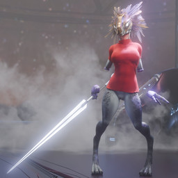 3_fingers 3_toes amputee anthro arm_feathers arm_tuft bottomless bottomless_anthro bottomless_female breasts claws clothed clothing cosmic_background cybernetic_hand cybernetics digitigrade disability disembodied_hand energy_blade energy_sword energy_weapon feather_hair feathered_crest feathers feet female fingers floating_hands fog genitals glowing glowing_eyes grey_body grey_scales head_crest holding_melee_weapon holding_object holding_sword holding_weapon machine melee_weapon missing_all_arms missing_arm non-mammal_breasts non-mammal_vulva pseudo_hair scales sharp_teeth shirt solo space space_background standing steam sword t-shirt teeth thigh_gap toe_claws toes topwear tuft vulva weapon white_eyes yellow_body yellow_feathers synca pickle_juice_(modeler) halo_(series) microsoft xbox_game_studios syn_igi alien avian kig-yar scalie t'vaoan 1:1 3d_(artwork) colored digital_media_(artwork) hi_res
