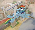 aircraft airplane blue_body building city electronics female feral headgear headphones headset macro mane microphone mouth_closed multicolored_mane outside purple_eyes rainbow_mane rainbow_trail vehicle wings rapidstrike friendship_is_magic hasbro my_little_pony mythology rainbow_dash_(mlp) equid equine mammal mythological_creature mythological_equine pegasus 2015