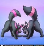 alternate_color anus blush butt duo female female/female feral fur genitals presenting pussy simple_background smile tail text tongue tongue_out rymherdier nintendo pokemon fan_character kage_the_umbreon syna_the_umbreon canid eeveelution generation_2_pokemon mammal pokemon_(species) umbreon digital_media_(artwork) english_text url