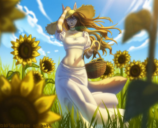 5_fingers anthro basket black_hair blue_eyes bottomwear breasts clothed clothing cloud container detailed_background female fingers flower fur grass grey_body grey_fur hair hat headgear headwear landscape landscape_background light long_hair looking_at_another looking_pleasured markings outside plant shadow shadow_face skirt sky smile solo striped_body striped_fur striped_markings stripes summer summer_hat sunflower sunlight tail text old_squatter bonika_(bonifasko) canid canine canis mammal wolf 2026 colored detailed digital_drawing_(artwork) digital_media_(artwork) english_text hi_res shaded signature