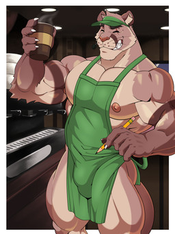 anthro apron apron_only areola barista biceps bulge cafe clothing coffee_cup coffee_shop container cup deltoids eye_scar facial_scar forearm_muscles hat headgear headwear male musclegut muscular muscular_anthro muscular_male nipple_dip pecs quads scar smile steam stocky trapezius triceps tuft sirwolfybuns ricius_teck cougar felid feline mammal 3:4 absurd_res hi_res
