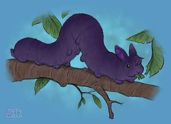 ambiguous_gender blue_background branch feral fur hair leaf leaf_in_mouth multi_leg multi_limb on_branch purple_body purple_fur purple_hair simple_background solo tail taffywabbit arthropod caterpillar hybrid insect lagomorph larva leporid mammal rabbit 11:8 2025 digital_media_(artwork)