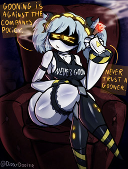 accessory annoyed bare_shoulders big_breasts big_butt bow_ribbon breasts butt chair cigar clothing crossed_legs dialogue female footwear furniture furrowed_brow glowing glowing_eyes grey_hair grumpy hair hazard_stripes headband humor knee_highs knee_socks legband legwear looking_away machine narrowed_eyes pigtails raised_arm shirt short_hair sitting smoke smoke_from_mouth socks sofa solo stripes tank_top text thick_thighs thighband topwear twintails_(hairstyle) unusual_anatomy white_body wide_hips yellow_eyes yellow_text diddlydooter1 glitch_productions meme_clothing murder_drones never_goon j_(murder_drones) disassembly_drone humanoid robot robot_humanoid artist_name digital_drawing_(artwork) digital_media_(artwork) hi_res meme signature