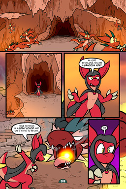 5_panel_comic ambiguous_gender anthro biped black_text claws cloak clothing dialogue empty_eyes eyes_closed feral fire gold_(metal) group jewelry looking_at_another lying on_front on_ground orange_body page_number pendant question_mark red_body running sharp_teeth smoke smoke_from_mouth speech_bubble tail talking_to_another teeth text tongue toony white_eyes white_sclera yellow_eyes yellow_sclera virmir mythology suzocon dragon kobold mythological_creature mythological_scalie scalie 2026 absurd_res comic english_text hi_res signature male_(lore)