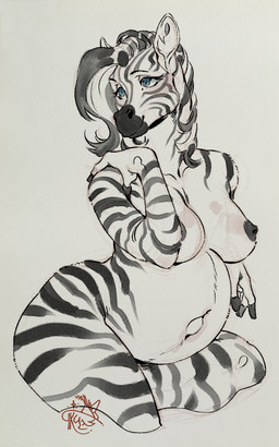 anthro belly blue_eyes breasts dark_nipples facial_markings female fingers fur hair hand_on_shoulder happy head_markings hooved_fingers hooves inner_ear_fluff looking_aside looking_away mane markings navel nipples outie_navel pose pregnant pregnant_anthro pregnant_female sitting smile solo striped_body striped_face striped_fur striped_hair striped_markings stripes tuft durtyanko izzabelle_frost equid equine mammal zebra digital_media_(artwork) digital_painting_(artwork) digital_watercolor_(artwork) hi_res painting_(artwork) watercolor_(artwork)