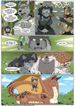 anthro blue_sky breasts female forest fur grey_body grey_fur group male outside overweight plant sky speech_bubble text tree fidchellvore mythology canid canine canis domestic_cat dragon felid feline felis mammal mythological_creature mythological_scalie scalie wolf 2022 comic english_text