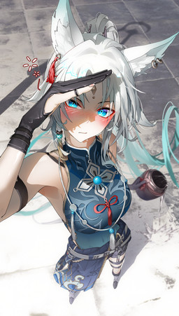 accessory animal_ears bangs bare_shoulders belt big_breasts black_bottomwear black_clothing black_footwear black_gloves black_handwear black_shoes black_shorts blue_clothing blue_eyes blue_shirt blue_topwear blush bottomwear breasts clothing drunk ear_piercing ear_ring eyeliner fluffy_ears footwear gloves hair hair_accessory handwear long_hair looking_at_viewer looking_up looking_up_at_viewer makeup narrowed_eyes parted_bangs piercing ponytail red_eyeliner ring_piercing shirt shoes shorts sleeveless_shirt substance_intoxication thigh_strap topwear white_hair jelmul honkai:_star_rail mihoyo feixiao_(honkai:_star_rail) animal_humanoid canid canid_humanoid canine canine_humanoid fox_humanoid humanoid mammal mammal_humanoid absurd_res hi_res