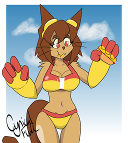 anthro armor bikini bikini_bottom bikini_bralette bikini_top bob_cut breasts brown_body brown_fur clothing cloud eating eyewear fangs female food fur gauntlets gloves goggles gradient_background handwear highlights_(coloring) hot_dog mustard navel simple_background solo stained_clothing summer swimwear teeth two-piece_swimsuit yellow_bikini yellow_clothing yellow_swimwear cynical_funk gameoverse glitch_productions kit_bodega domestic_cat felid feline felis mammal cel_shading digital_drawing_(artwork) digital_media_(artwork) hi_res shaded