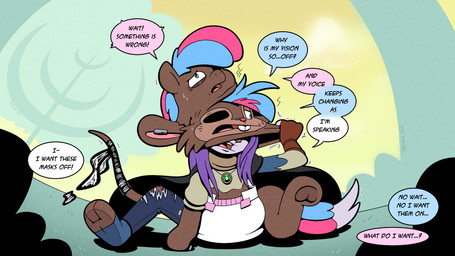 anthro bodily_fluids brown_body brown_fur clothed clothing dialogue diaper forest forest_background fur hooves markings mental_transformation mid_transformation mouse_tail nature nature_background plant sitting solo speech_bubble sweat sweatdrop tail tail_wraps text transformation tree twinning wearing_diaper whisker_markings wraps trevor-fox trevor-fox_(character) equid equine horse mammal mouse murid murine pony rodent 16:9 english_text hi_res widescreen