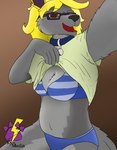 anthro bell bell_collar blonde_hair bra breasts brown_eyes clothing collar eyewear female glasses hair panties presenting selfie solo underwear kynmedia nintendo pokemon kyn_skyther canid canine canis eeveelution generation_1_pokemon hybrid jolteon mammal pokemon_(species) wolf