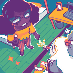 anthro bottomwear clothing duo female orange_clothing orange_shirt orange_topwear pants pattern_bottomwear pattern_clothing pattern_pants shirt striped_bottomwear striped_clothing striped_pants stripes topwear 90percentdenny 90_percent_studios purrfect_apawcalypse holly_melita luna_puddleton canid canine canis domestic_dog maltese mammal poodle toy_dog 1:1