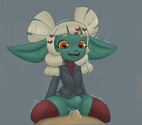 abdominal_bulge accessory big_ears blonde_hair bodily_fluids bottomless clothed clothing cosplay cum cum_in_vagina cum_inside duo female front_view genital_fluids genitals green_body green_skin grey_background grey_clothing grey_topwear hair hair_accessory heart_accessory heart_eyes heart_symbol humanoid_pointy_ears legwear male male/female open_mouth open_smile penetration penis pointy_ears red_clothing red_eyes red_legwear red_sweater red_thigh_highs red_topwear sex sharp_teeth simple_background smile sweater tan_body tan_skin teeth thick_thighs thigh_highs topwear vaginal vaginal_penetration wide_hips yellow_sclera bluesparrow helltaker modeus_(helltaker) goblin humanoid hi_res
