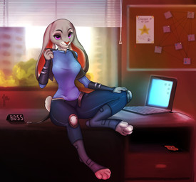4_fingers 4_toes anthro blue_bottomwear blue_clothing blue_pants blue_shirt blue_topwear bottomwear breasts clothed clothing computer desk detailed_background ears_down electronics feet female fingers fully_clothed furniture laptop looking_at_viewer pants pivoted_ears police police_uniform shirt sitting solo table toeless_legwear toes topwear uniform assel_asakura disney zootopia judy_hopps lagomorph leporid mammal rabbit 2019 full-length_portrait portrait