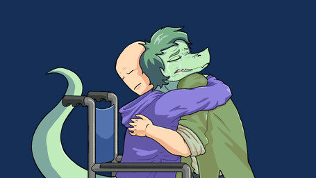 anthro bald bodily_fluids clothed clothed_anthro clothed_female clothed_human clothed_male clothing comforting disability distressed duo eyes_closed female fingers freckled_face freckles green_body green_clothing green_hair green_jacket green_topwear hair hoodie hug human_on_anthro humanoid_hands interspecies jacket male male/female open_mouth paraplegic purple_clothing purple_hoodie purple_topwear sad short_hair side_view simple_background sitting tail tears teeth topwear transparent_background vehicle wheelchair sebek_fereh_ra cavemanon_studios i_wani_hug_that_gator snoot_game anon_(snoot_game) olivia_halford baryonyx dinosaur human mammal prehistoric_species reptile saurischian scalie spinosaurid theropod 16:9 alpha_channel colored crossover hi_res shaded widescreen