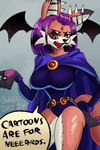 anthro big_breasts black_eyeshadow black_lips black_nose breasts clothed clothing cosplay dialogue ear_piercing eyeshadow female fur hair industrial_piercing industrial_piercing_ladder lips makeup orange_body orange_fur piercing purple_hair red_eyes sharp_teeth small_waist solo speech_bubble teeth text white_body white_fur boker cartoon_network dc_comics teen_titans teen_titans_(television_series) laura_derose raven_(dc) bat-eared_fox canid canine fox mammal 2:3 artist_name digital_media_(artwork) english_text signature