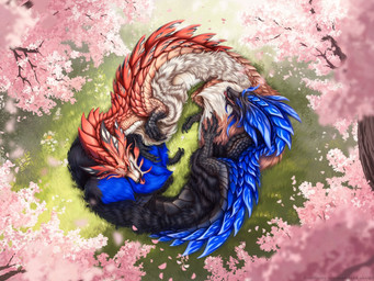 ambiguous_gender belly_up bird's-eye_view blue_body cherry_blossom cherry_blossom_tree cherry_tree detailed_background duo feral flower fluffy fluffy_tail fruit_tree fur grass grass_field high-angle_view licking lying lying_on_grass on_grass on_ground personal_grooming plant prunus_(flower) realistic red_body scales tail tail_lick tongue tree dead.akira capcom monster_hunter mythology tales dragon eastern_dragon leviathan_(mh) mizutsune mythological_creature mythological_scalie scalie 4:3 detailed hi_res