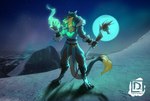 anthro claws clothing costume fangs fur green_body green_fur grey_body grey_fur jewelry magic magic_user male mountain necklace night paws red_eyes snow solo staff tail tail_tuft teeth tuft yellow_body yellow_fur demiamaret brom_(sahurus) sergal