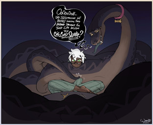 abdominal_bulge clothing coiling collar digestion duo embarrassed erection erection_under_clothing feral feral_pred larger_pred male male/male size_difference speech_bubble struggling tail teasing teasing_with_tail thick_tail vore weeth salki_(character) human mammal reptile scalie snake hi_res