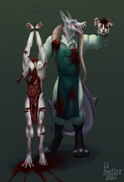 anthro bdsm bernard_(lil_beetle) blood bodily_fluids bondage bound butcher character_prepared_as_food clothing corpse death genitals gore gore_focus guts humanoid_genitalia humanoid_penis male muscular muscular_anthro muscular_male nude open_mouth organs penis restraints rope rope_bondage simple_background snuff teeth aquatic edestus fish mammal murid murine rat rodent shark absurd_res hi_res