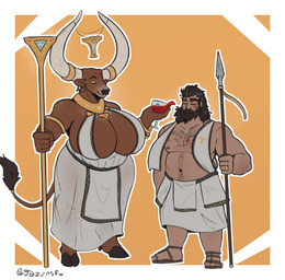 anthro big_breasts black_hair body_hair breasts brown_body chest_hair closed_smile clothed clothing duo eyes_closed facial_hair female female_anthro hair holding_melee_weapon holding_object holding_polearm holding_spear holding_staff holding_weapon huge_breasts male male_human melee_weapon mouth_closed musclegut muscular mustache navel nipples overweight overweight_anthro overweight_human overweight_male polearm simple_background smile spear staff standing tan_body tan_skin weapon jezzlen nekoda_(jezzlen) zhavia_(jezzlen) bovid bovine human mammal hi_res