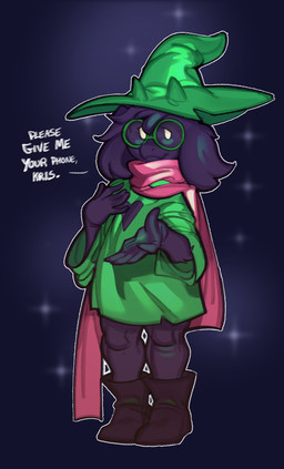 anthro black_body black_fur boots clothing dialogue eyewear footwear fur glasses green_clothing green_hat green_headwear green_shirt green_topwear hat headgear headwear horn looking_at_viewer male no_pupils pink_scarf scarf shirt shoes solo sparkles standing text topwear mangneto deltarune undertale_(series) ralsei bovid caprine darkner goat mammal english_text hi_res