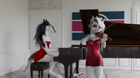 anthro bowed_string_instrument clothed clothing dress duo female keyboard_instrument musical_instrument piano red_sclera string_instrument violin yellow_eyes thiccsmough hellaverse helluva_boss mythology steinway_&_sons loona_(helluva_boss) rain_silves canid canid_demon canine demon hellhound mammal mythological_canine mythological_creature sergal 16:9 3d_(artwork) 4k absurd_res digital_media_(artwork) hi_res widescreen