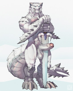 anthro balls big_balls big_penis biped bodily_fluids erection foreskin fur genital_fluids genitals glans humanoid_genitalia humanoid_penis male muscular muscular_anthro muscular_male nude nude_anthro nude_male penis precum solo standing tail white_body greninjazz capcom monster_hunter mythology fan_character godrick_(kikkachu) barioth dragon flying_wyvern frostfang_barioth mythological_creature mythological_scalie scalie absurd_res hi_res