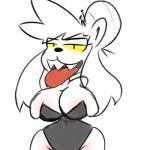 anthro big_breasts breasts cleavage clothed clothing female hair hair_bun leotard sharp_teeth solo teeth thick_thighs tongue monamania carnivia_ribeye bear giant_panda mammal 1:1 sketch