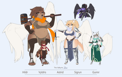 anthro armor axe belt big_breasts black_body black_feathers black_hair blonde_hair blue_eyes bottomwear bra braided_hair breasts brown_body brown_fur brown_hair claws clothing dagger ear_tuft feathers female fluffy fluffy_tail flying frown fur green_eyes group hair hammer huge_breasts legwear loincloth long_hair looking_at_viewer macro magic magic_user melee_weapon orange_body orange_eyes orange_fur polearm purple_eyes scarf scowl short_hair short_tail shortstack size_difference skirt small_breasts smile spear spots standing stockings stripes sword tail text thong tools tuft underwear weapon white_body white_fur white_hair wings fuzzikayu european_mythology mythology norse_mythology astrid_(fuzzikayu) gunnr_(fuzzikayu) hildr_(fuzzikayu) sigrun_(fuzzikayu) vyldris_(fuzzikayu) avian bear canid canine canis felid feline gryphon gulonine hybrid lynx mammal marten mustelid musteline mythological_avian mythological_creature valkyrie wolf absurd_res hi_res
