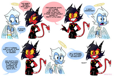 back_wings black_hair blue_body blue_skin blush crossed_arms dialogue duo eyelashes feathered_wings feathers female freckled_face freckles glistening_eyelids hair halo horn long_eyelashes male male/female motion_lines red_body red_skin spade_tail tail text white_hair wings yellow_eyes emositecc hellaverse helluva_boss millie_(helluva_boss) moxxie_(helluva_boss) angel angel_humanoid demon demon_humanoid humanoid imp 3:2 english_text hi_res