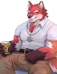 anthro big_muscles biped countershade_fur countershading drinking_beer fur light_blush looking_at_viewer male muscular muscular_anthro muscular_male orange_eyes red_body red_fur sitting solo white_body white_countershading ooo027470112395 knights_college diederich_olsen canid canine canis mammal wolf 2024 hi_res