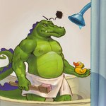 angry anthro bathtub belly biceps in_bathtub male manly musclegut muscular nipples pecs rubber_duck scrub_brush shower_head slightly_chubby solo standing towel towel_around_waist towel_only triceps water_drop chonkyjohn where's_my_water? swampy_(where's_my_water?) alligator alligatorid crocodilian reptile scalie 1:1 2023 hi_res