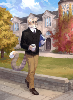 anthro black_clothing black_topwear blue_eyes blue_sky book bottomwear brown_body brown_bottomwear brown_clothing brown_footwear brown_fur brown_pants brown_shoes building clothed clothing cloud footwear fur grass holding_book holding_object light light_beam looking_at_viewer male mouth_closed outside pants plant shoes sky solo standing sunbeam sunlight tan_body tan_fur topwear tree unsigned white_clothing white_topwear corzh77 domestic_cat felid feline felis mammal absurd_res full-length_portrait hi_res portrait