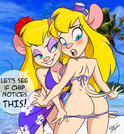 accessory anthro assisted_exposure back-tie_bikini back-tie_clothing back-tie_swimwear beach big_breasts big_butt bikini bikini_bottom bikini_down bikini_pull bikini_top biped blonde_hair blue_eyes blush bodily_fluids breasts buckteeth butt cleavage clothed clothing clothing_pull dialogue duo embarrassed evil_grin exclamation_point eyelashes eyeshadow eyewear eyewear_on_head female female/female flower flower_in_hair flying_sweatdrops goggles hair hair_accessory long_hair makeup open_mouth outside palm_tree pantsing partially_clothed pink_nose plant public public_exposure purple_bikini purple_bikini_bottom purple_bikini_top purple_clothing purple_swimwear rear_view sarong seaside side_boob skimpy smile speech_bubble standing surprised sweat sweatdrop swimwear swimwear_down swimwear_pull tail teeth text tight_clothing toony tree two-piece_swimsuit undressing water wide_hips aeolus06 chip_'n_dale_rescue_rangers disney gadget_hackwrench lahwhinie mammal mouse murid murine rodent 2012 english_text signature