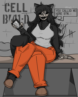 anthro big_breasts black_body black_fur black_hair bone bottomwear breasts cellphone chest_tuft clothing crossed_legs dialogue electronics female fur hair half-closed_eyes holding_object holding_phone inside long_hair looking_at_viewer monotone_body monotone_fur monotone_hair narrowed_eyes orange_bottomwear orange_clothing orange_pants pants phone shirt sitting skull skull_head smartphone solo talking_to_viewer tank_top text topwear tuft white_clothing white_shirt white_tank_top white_topwear nexart scp_foundation scp-1471-a malo 4:5 absurd_res artist_name cel_shading digital_media_(artwork) english_text hi_res shaded
