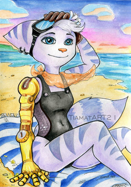 accessory anthro beach beach_towel blue_eyes clothing cloud cybernetic_limb eyelashes eyewear eyewear_on_head female flower flower_in_hair fluffy fluffy_tail fur gloves goggles goggles_on_head hair hair_accessory handwear head_tuft kerchief navel_outline neckerchief neckwear one-piece_swimsuit plant prosthetic prosthetic_limb sand smile solo striped_body stripes sunset swimwear tail towel tuft white_body white_fur alientiamat ratchet_and_clank sony_corporation sony_interactive_entertainment rivet_(ratchet_and_clank) lombax mammal hi_res painting_(artwork) signature watercolor_(artwork) watermark